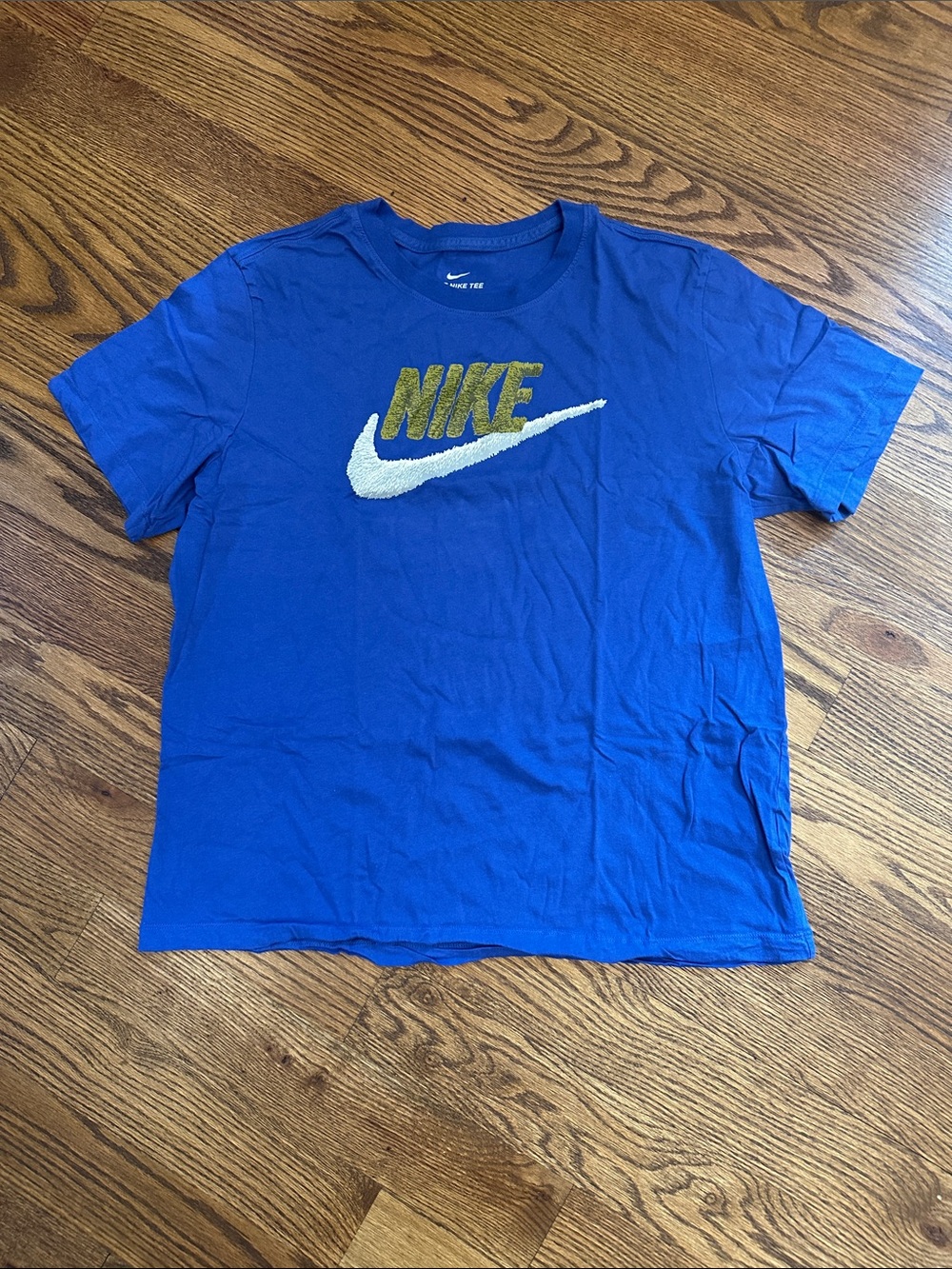 GUC Nike Blue T-Shirt with Gold NIKE Text and White Swoosh; XL